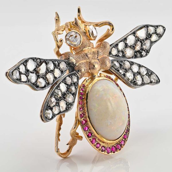 Vintage 1940s Retro 14ct Opal Diamond Ruby Insect Brooch, 14cts opal with ruby surround and rose-cut diamond set wings in silver upon 18ct yellow gold