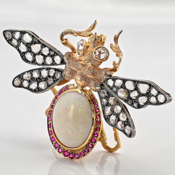 Vintage 1940s Retro 14ct Opal Diamond Ruby Insect Brooch, 14cts opal with ruby surround and rose-cut diamond set wings in silver upon 18ct yellow gold