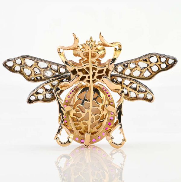 Vintage 1940s Retro 14ct Opal Diamond Ruby Insect Brooch, 14cts opal with ruby surround and rose-cut diamond set wings in silver upon 18ct yellow gold