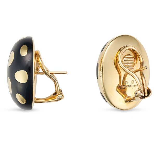 Vintage Tiffany and Co Angela Cummings Black Jade and Yellow Gold Domed Spotted Earrings, Circa 1970