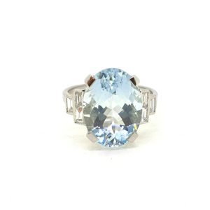 6.50ct Oval Cut Aquamarine and Baguette Diamond Ring