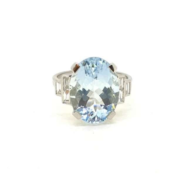 6.50ct Oval Cut Aquamarine and Baguette Diamond Ring in Platinum