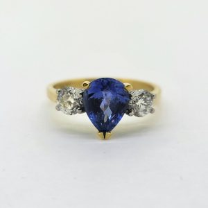 2.20ct Pear Cut Sapphire and Diamond Trilogy Three Stone Engagement Ring in Platinum and 18ct Yellow Gold