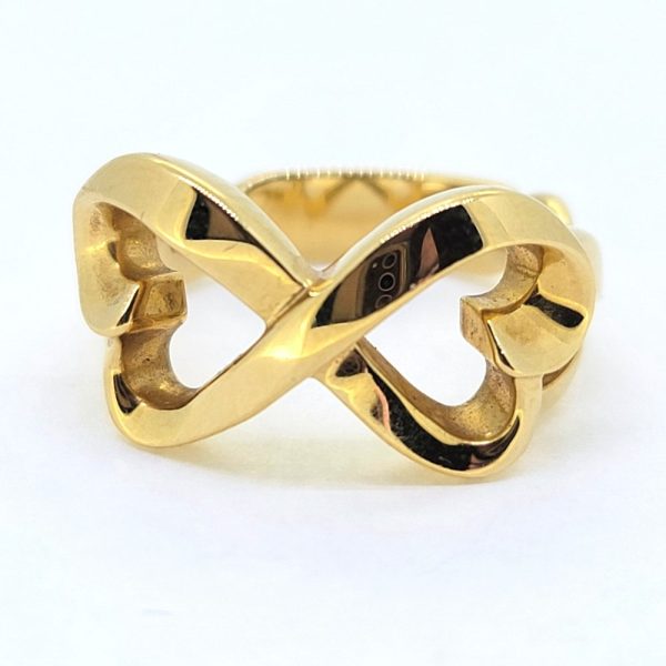 Vintage Paloma Picasso Tiffany and Co Double Loving Heart Ring, 18ct yellow gold ring by Paloma Picasso for Tiffany & Co, composed of doubles heart intertwined
