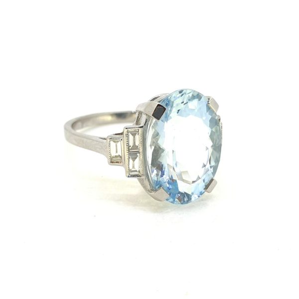 6.50ct Oval Cut Aquamarine and Baguette Diamond Ring in Platinum