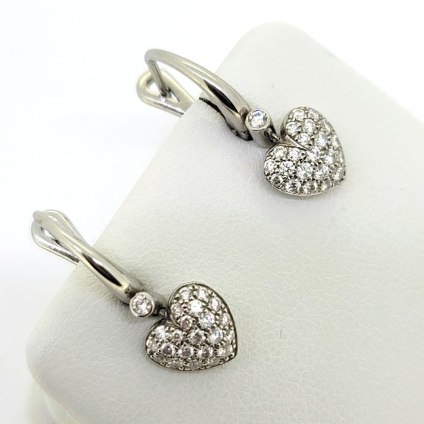 Tiffany and Co Diamond Heart Drop Earrings, Diamond studded heart shaped drops suspend from diamond solitaire links to secure lever fittings