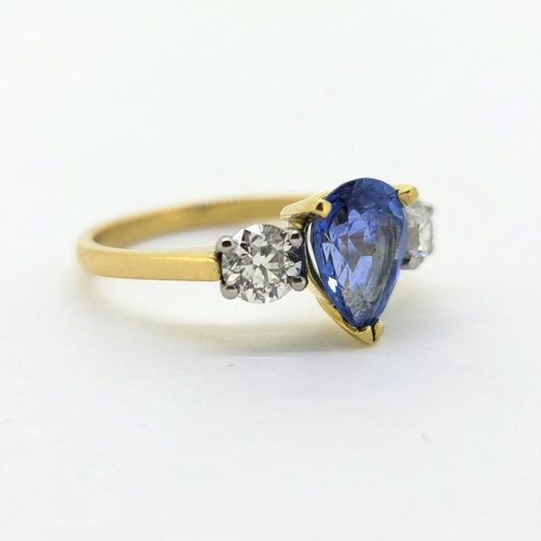 2.20ct Pear Cut Sapphire and Diamond Trilogy Three Stone Engagement Ring in Platinum and 18ct Yellow Gold