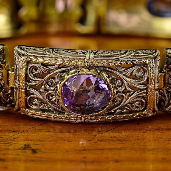 Vintage 19.45ct Natural No Heat Ceylon Sapphire Panel Link Bracelet, Ornate silver topped gold panels with seven natural unheated Ceylon sapphires, central sapphire is lovely fleur de lys Lavender purple colour. Circa 1935