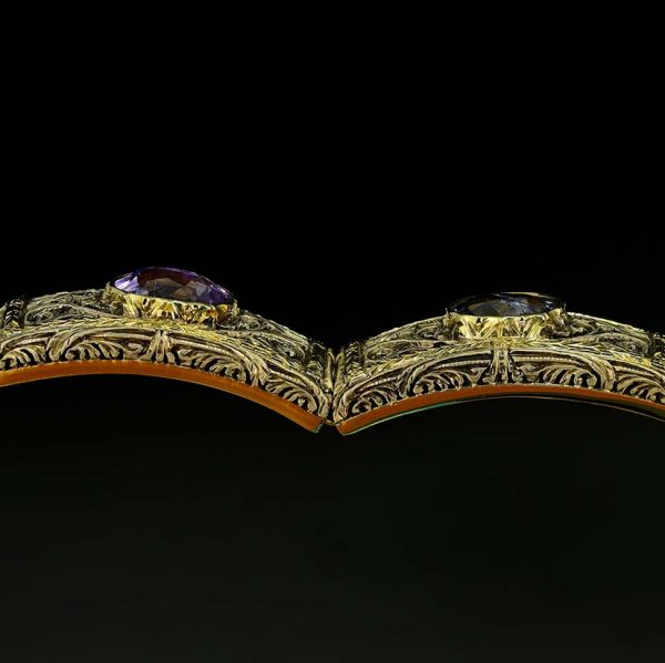 Vintage 19.45ct Natural No Heat Ceylon Sapphire Panel Link Bracelet, Ornate silver topped gold panels with seven natural unheated Ceylon sapphires, central sapphire is lovely fleur de lys Lavender purple colour. Circa 1935