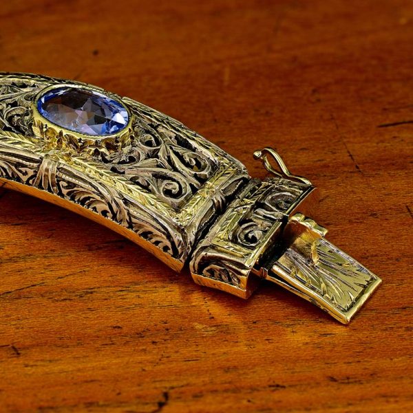Vintage 19.45ct Natural No Heat Ceylon Sapphire Panel Link Bracelet, Ornate silver topped gold panels with seven natural unheated Ceylon sapphires, central sapphire is lovely fleur de lys Lavender purple colour. Circa 1935