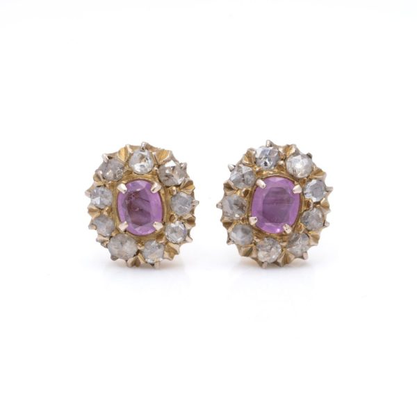 Victorian pink sapphire and diamond earrings in gold.
