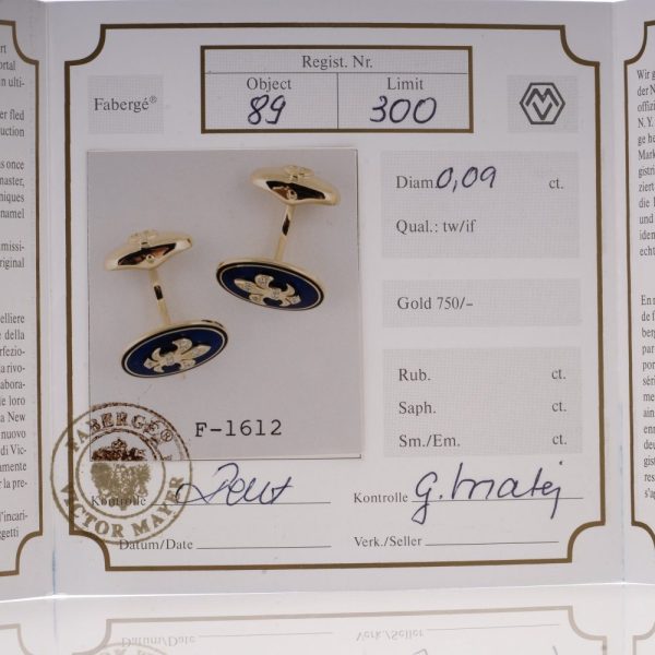 Faberge gold enamel and diamond cufflinks.