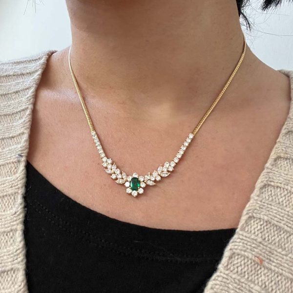Oval Emerald and Diamond Floral Cluster Pendant Necklace