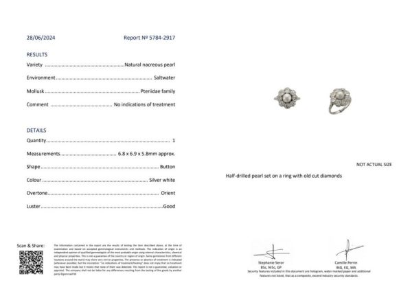 Antique Art Deco Certified Natural Saltwater Pearl and 3.20ct Old Cut Diamond Cluster Engagement Ring in Platinum with GCS Certificate