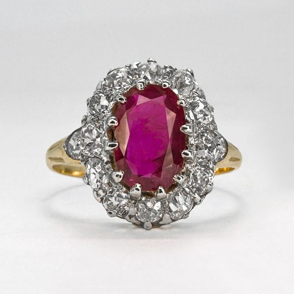 Vintage Burma Ruby and diamond cluster ring in 18ct yellow gold
