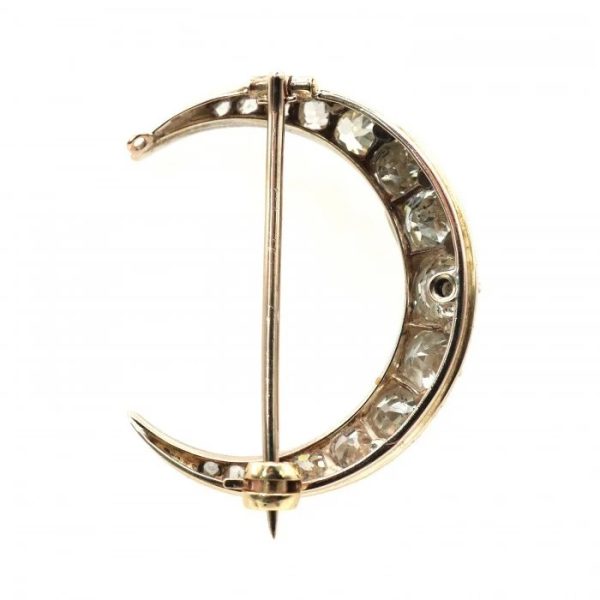 Victorian Antique 4ct Old Cut Diamond Crescent Moon Brooch, graduating old-cut diamonds tapering to rose-cut diamonds in silver-upon-gold, Circa 1890