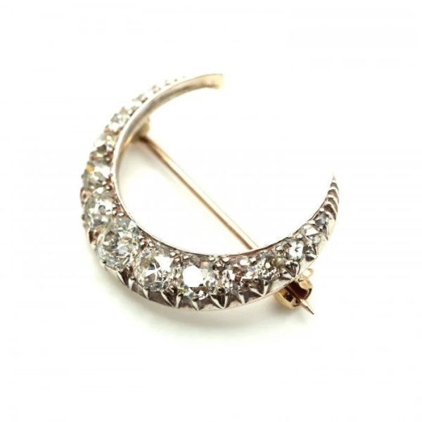 Victorian Antique 4ct Old Cut Diamond Crescent Moon Brooch, graduating old-cut diamonds tapering to rose-cut diamonds in silver-upon-gold, Circa 1890