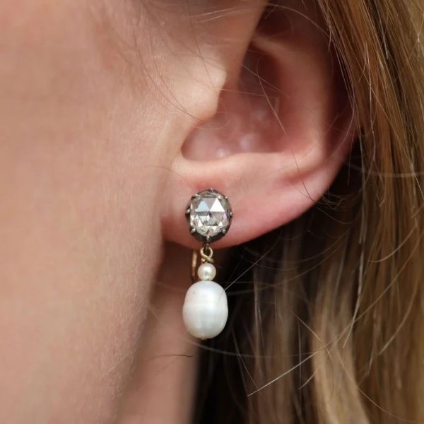 Vintage Rose Cut Diamond and Pearl Drop Earrings, single rose-cut diamond solitaire tops with oval baroque pearl pendant drops, Swedish Circa 1936