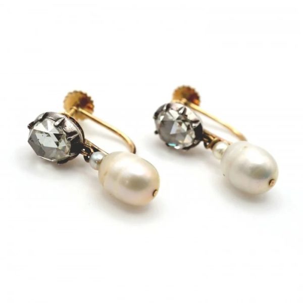 Vintage Rose Cut Diamond and Pearl Drop Earrings, single rose-cut diamond solitaire tops with oval baroque pearl pendant drops, Swedish Circa 1936