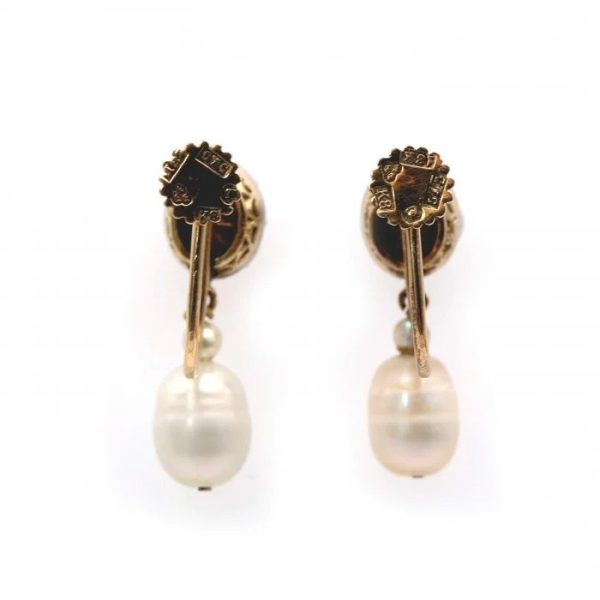 Vintage Rose Cut Diamond and Pearl Drop Earrings, single rose-cut diamond solitaire tops with oval baroque pearl pendant drops, Swedish Circa 1936