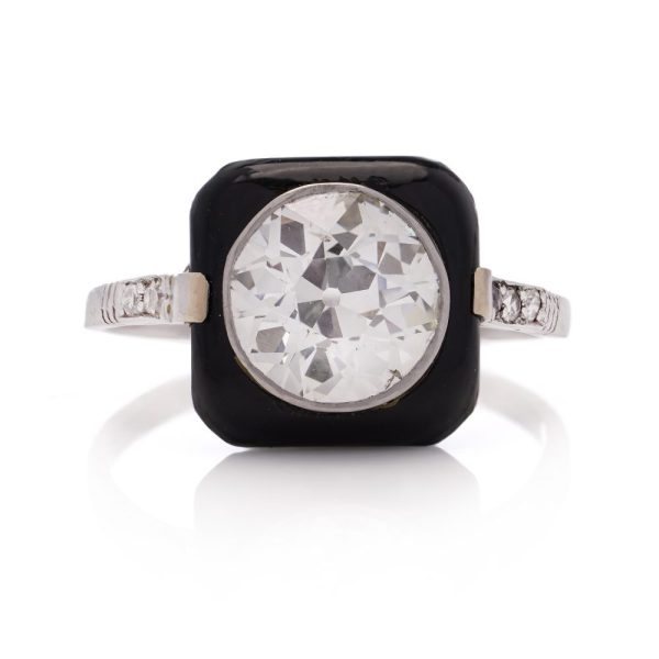 Art Deco Onyx and old cut diamond Vintage ring 2 carats old european cut original antique 1920's ring Plaque