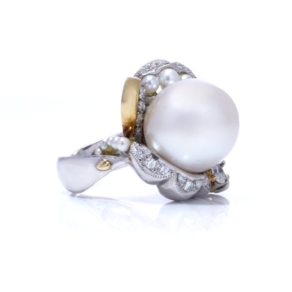 Pearl and diamond cocktail ring in platinum and white gold.