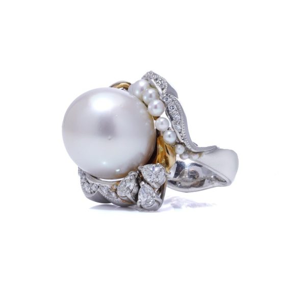Pearl and diamond cocktail ring in platinum and white gold.