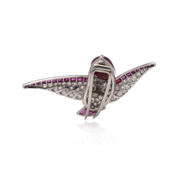 Vintage diamond and ruby hummingbird brooch in platinum.