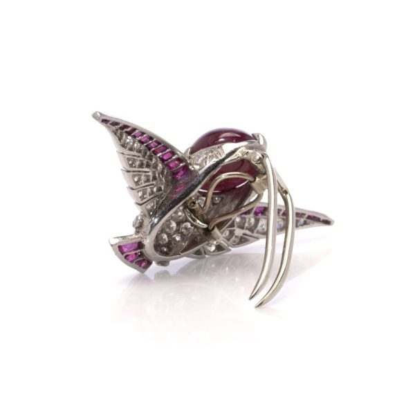 Vintage diamond and ruby hummingbird brooch in platinum.