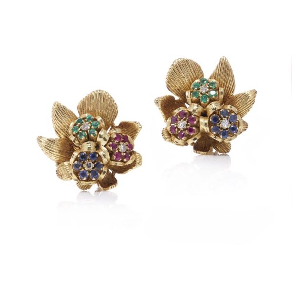 Vintage Kutchinsky gold flower earrings with gemstones.