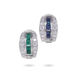 Reversible earrings with sapphires, emeralds and diamonds in platinum.