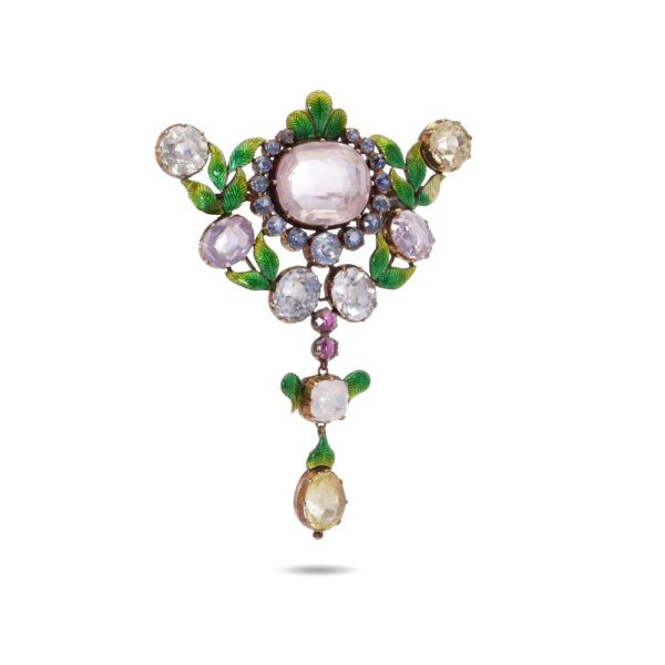 Victorian gemstone and enamel brooch in gold.