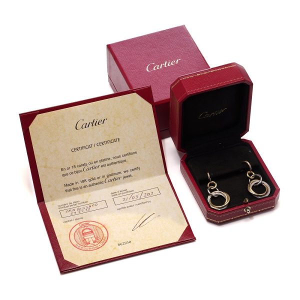 Vintage Cartier Diamond Set 18ct Gold Circle Drop Earrings, tri-colour 18ct rose yellow and white gold rings set with 0.86cts E VVS diamonds with original Cartier red box and certificate