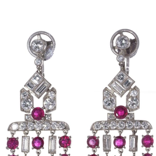 Art Deco ruby and diamond earrings in platinum.