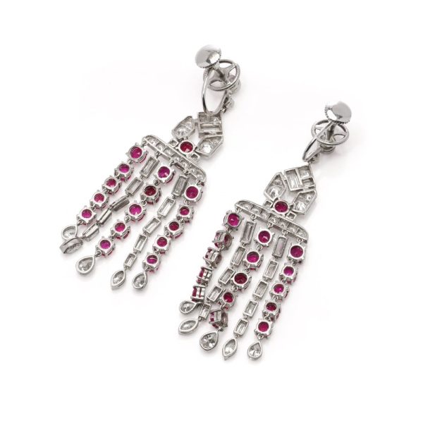 Art Deco ruby and diamond earrings in platinum.