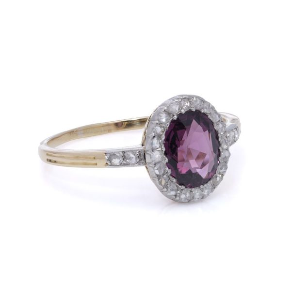 Spinel and diamond cluster ring in gold and platinum.