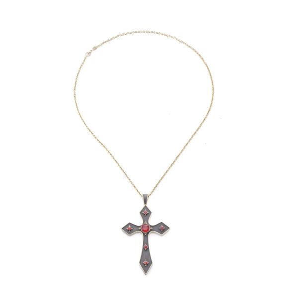Gold cross pendant featuring vivid fire opals.