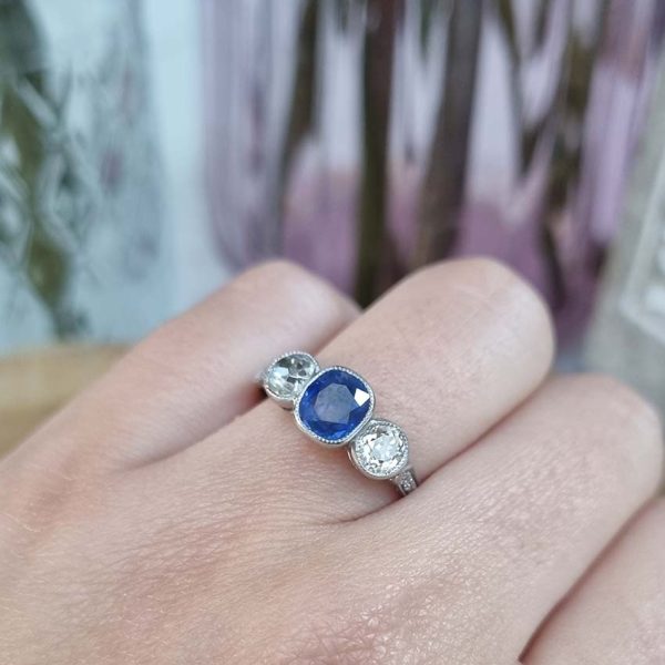 1.16ct Cushion Cut Sapphire and Old Cut Diamond Trilogy Engagement Ring