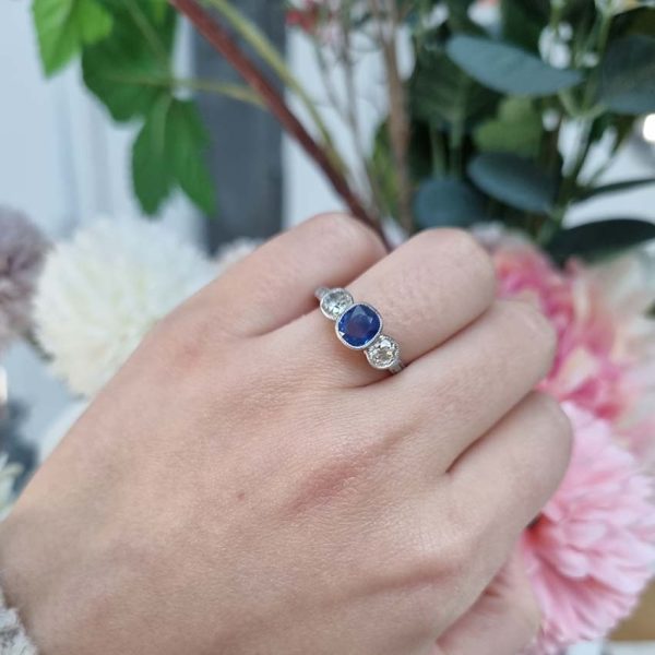 1.16ct Cushion Cut Sapphire and Old Cut Diamond Trilogy Engagement Ring