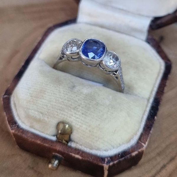1.16ct Cushion Cut Sapphire and Old Cut Diamond Trilogy Engagement Ring
