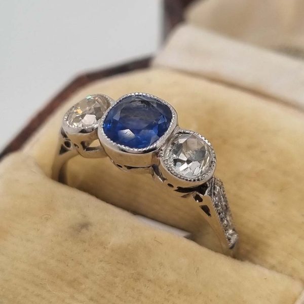 1.16ct Cushion Cut Sapphire and Old Cut Diamond Trilogy Engagement Ring