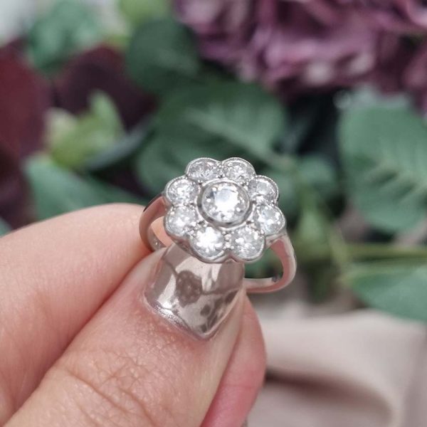 Art Deco 1.25ct Old Cut Diamond Floral Cluster Engagement Ring in Platinum
