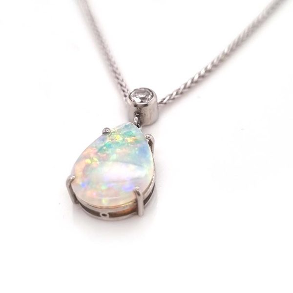 Pear Shaped Cabochon Cut Opal and Diamond Pendant Necklace