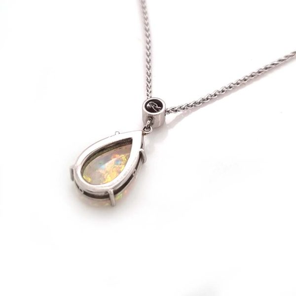 Pear Shaped Cabochon Cut Opal and Diamond Pendant Necklace