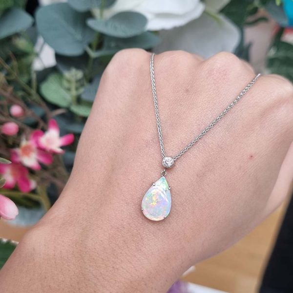 Pear Shaped Cabochon Cut Opal and Diamond Pendant Necklace
