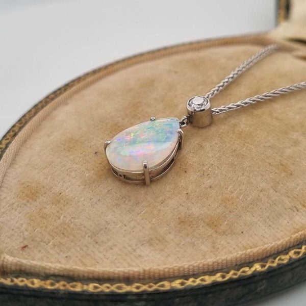 Pear Shaped Cabochon Cut Opal and Diamond Pendant Necklace
