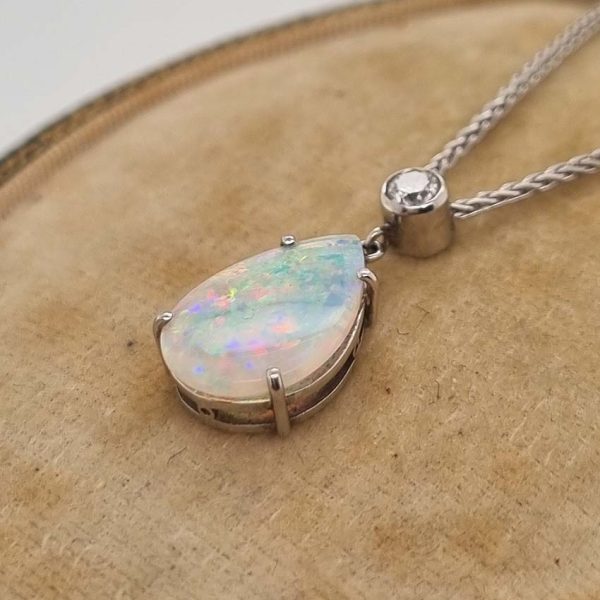 Pear Shaped Cabochon Cut Opal and Diamond Pendant Necklace