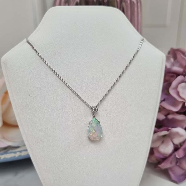 Pear Shaped Cabochon Cut Opal and Diamond Pendant Necklace