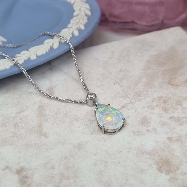 Pear Shaped Cabochon Cut Opal and Diamond Pendant Necklace