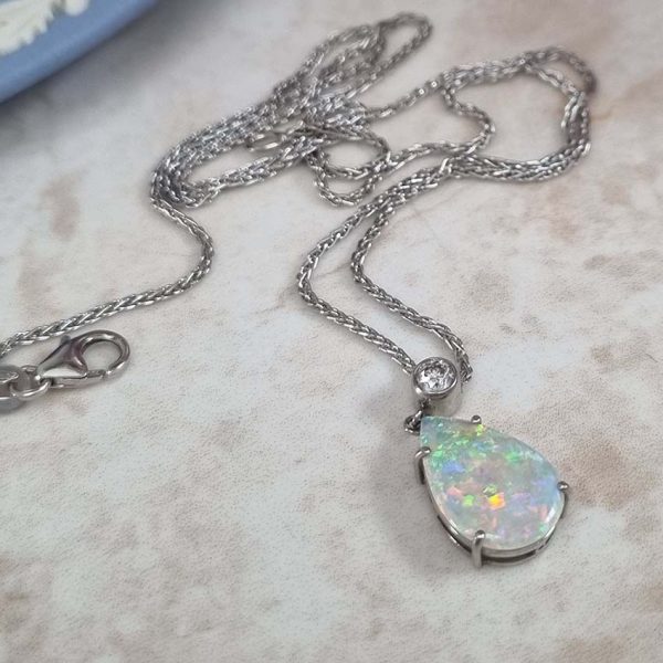 Pear Shaped Cabochon Cut Opal and Diamond Pendant Necklace
